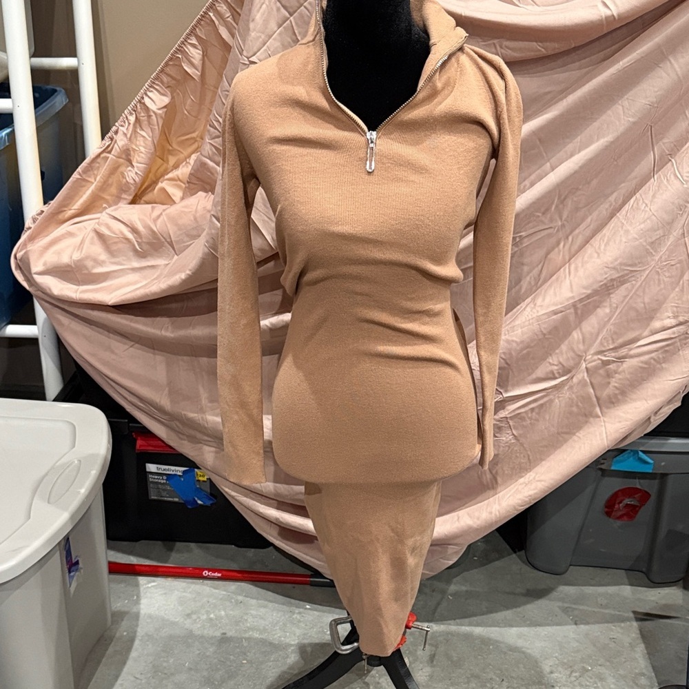 Chic Tan Long-Sleeve sweater  Dress with Zip-Up Neckline